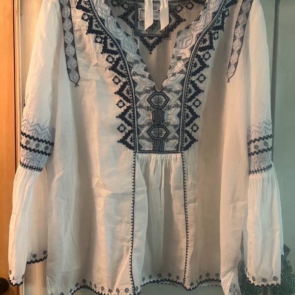 Johnny‎ Was Workshop Simone Embroidered White Blue Flare Sleeve Blouse - Picture 2 of 4